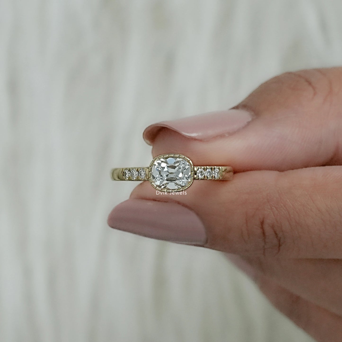 Old Mine Cushion Cut Lab Diamond Bezel Set Accent Ring