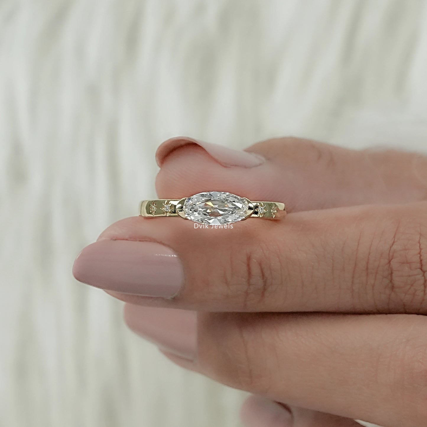 East West Set Old Mine Moval Cut Lab Diamond Solitaire Accent Ring