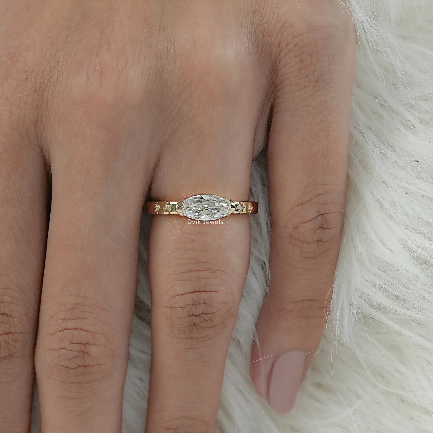 East West Set Old Mine Moval Cut Lab Diamond Solitaire Accent Ring