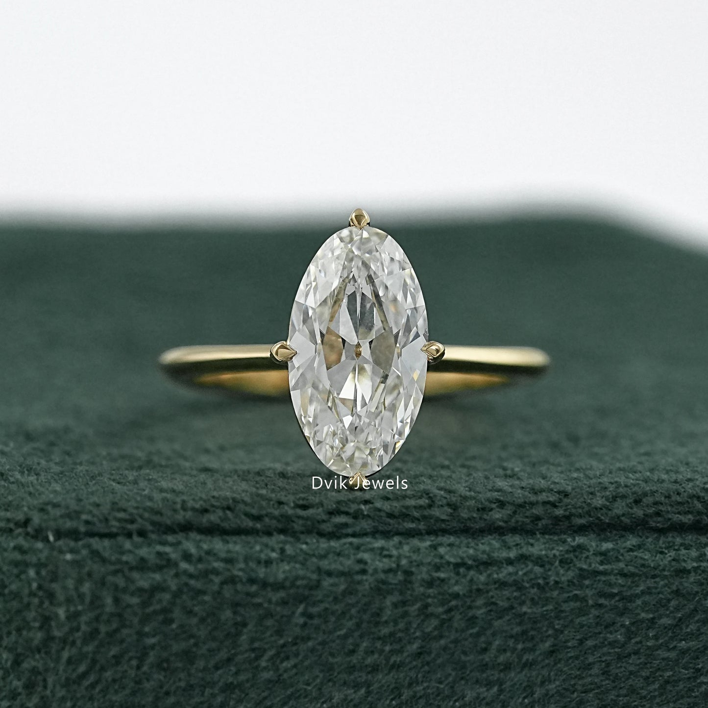 Front view of Old Mine Moval cut lab diamond solitaire ring by Dvik Jewels