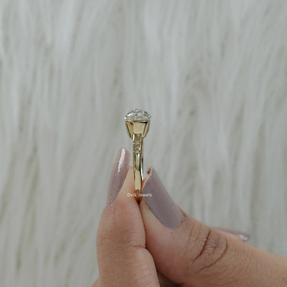 Old Mine Moval Cut Lab Diamond Solitaire Ring with Half Bezel Accent