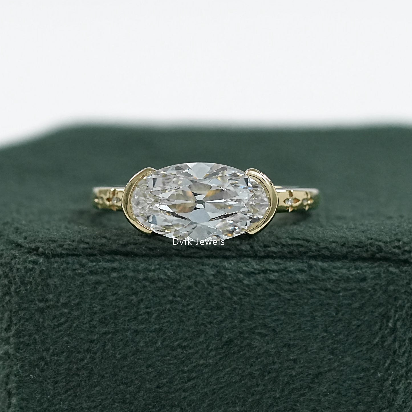 Old Mine Moval Cut Lab Diamond Solitaire Ring with Half Bezel Accent