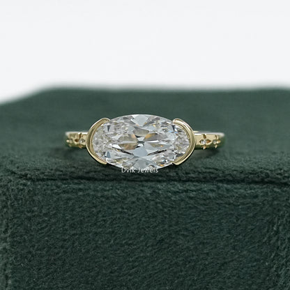 Old Mine Moval Cut Lab Diamond Solitaire Ring with Half Bezel Accent