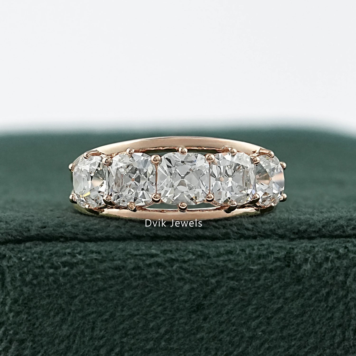 Five Stone Old Mine Cushion Cut Lab Diamond Split Shank Ring Ring