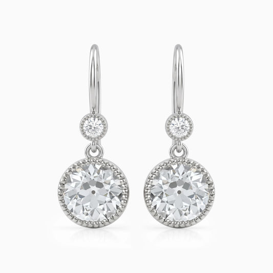 Old European Round Cut Diamond Milgrain Drop Earrings