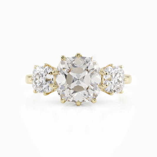 Old Mine Cushion Cut Three Stone Engagement Ring Ring