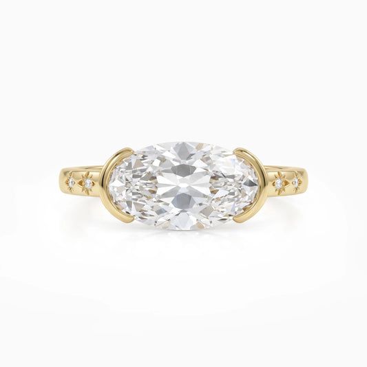 Old Mine Moval Cut Lab Diamond Solitaire Ring with Half Bezel Accent Ring