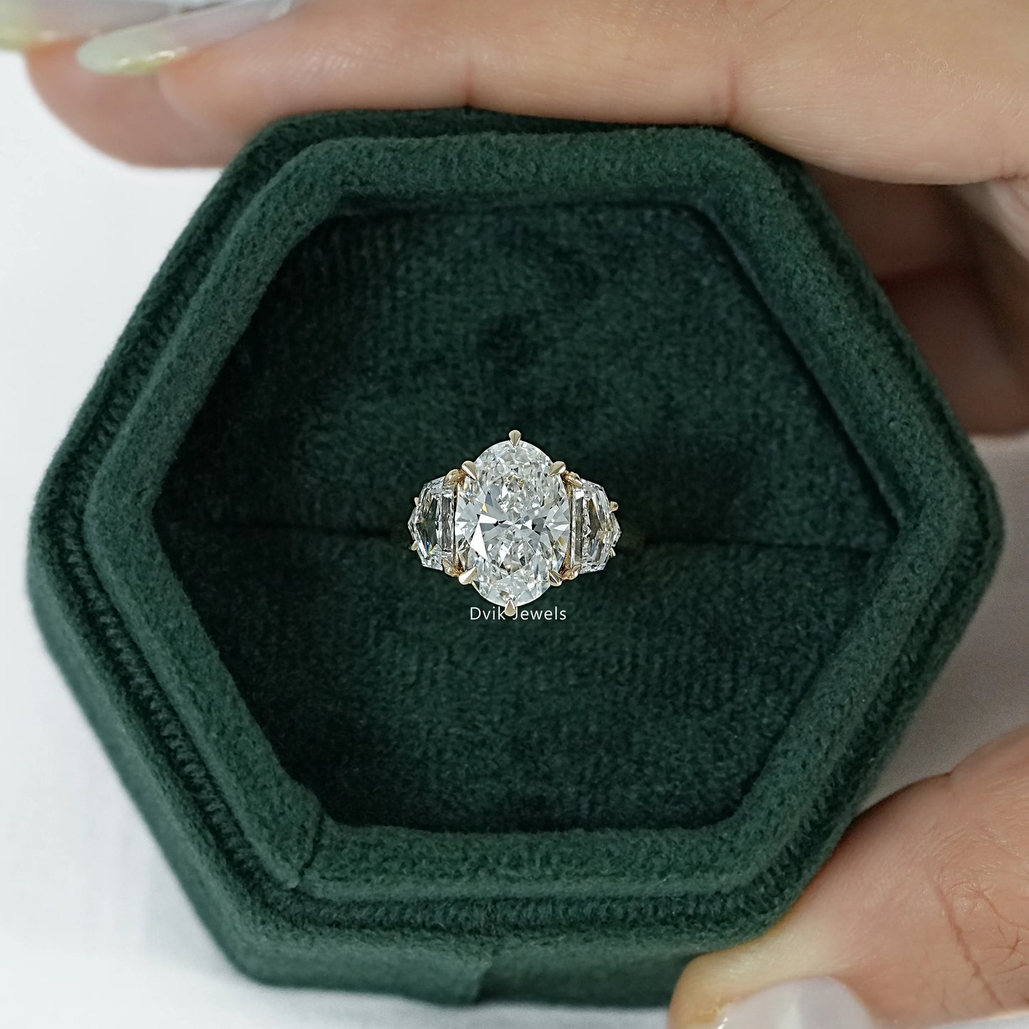 Three Stone Oval And Cadillac Lab Diamond Ring