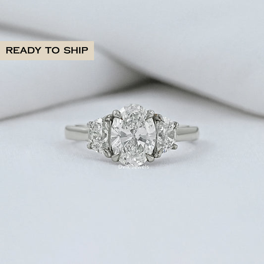 Oval And Half Moon Diamond Three Stone Ring