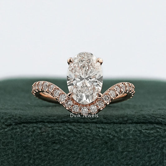 Chevron diamond ring rose gold curved pave band front view