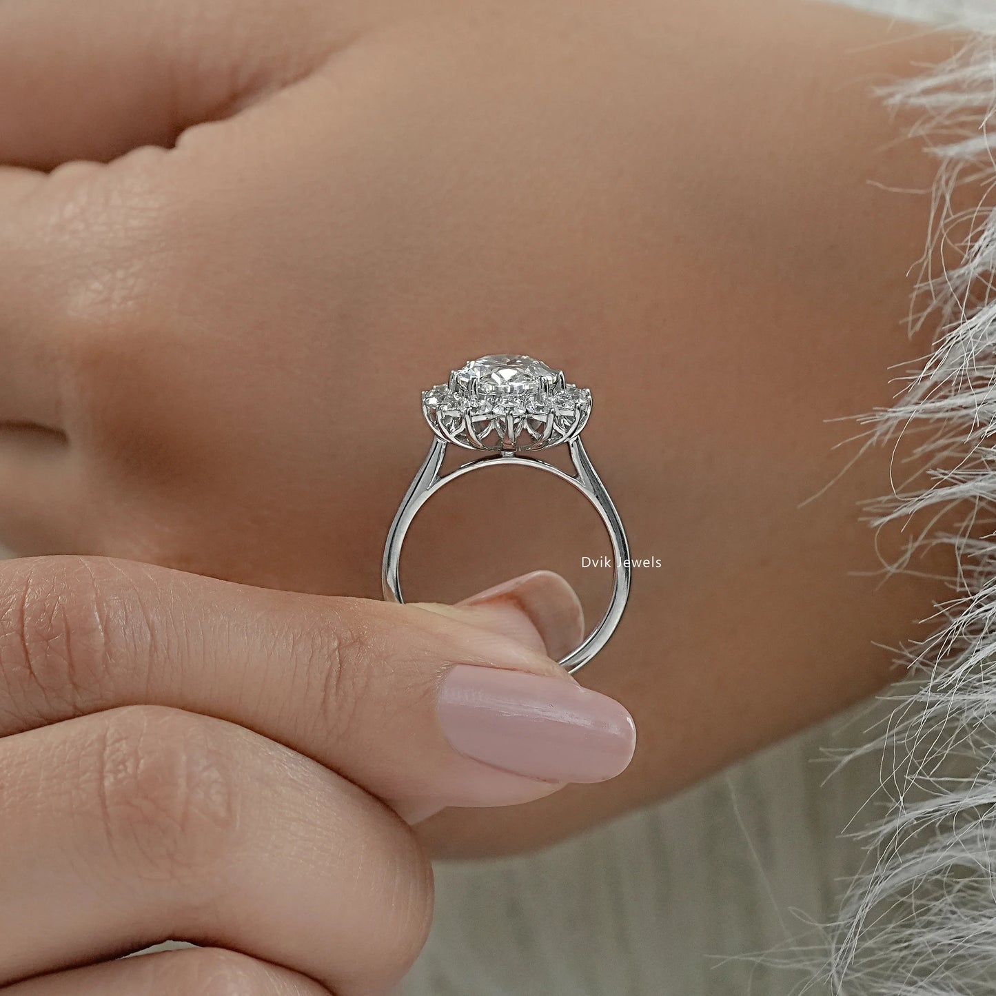 Oval halo engagement rings unique floral engagement rings close up view