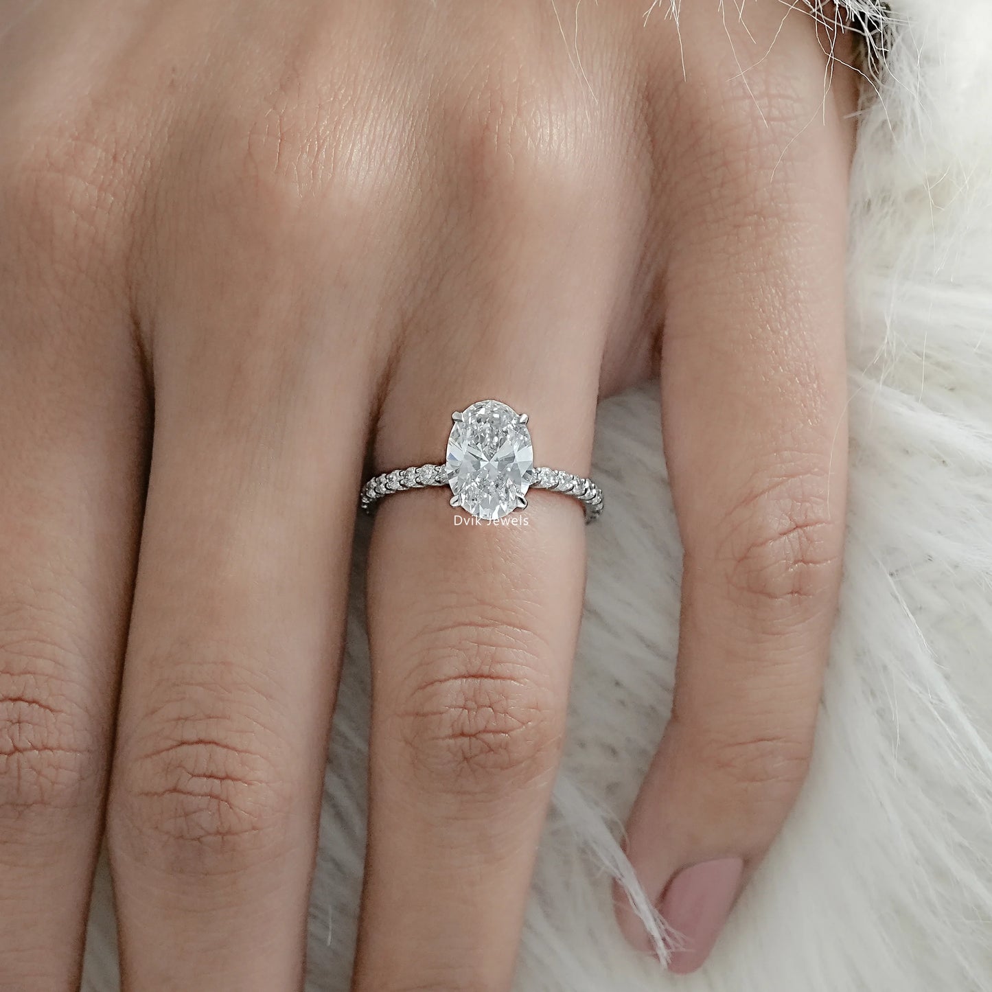Oval Cut Lab Diamond Engagement Ring with Pave Band
