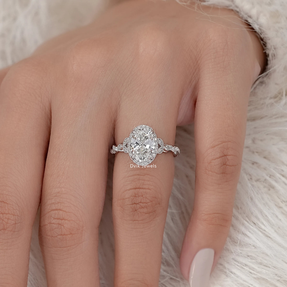 Lab Grown Oval Accent Diamond Twisted Halo Ring