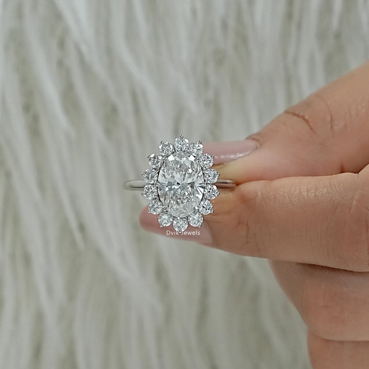 Lab created diamond halo engagement rings floral halo ring Finger view