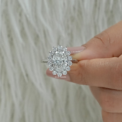 Lab created diamond halo engagement rings floral halo ring Finger view