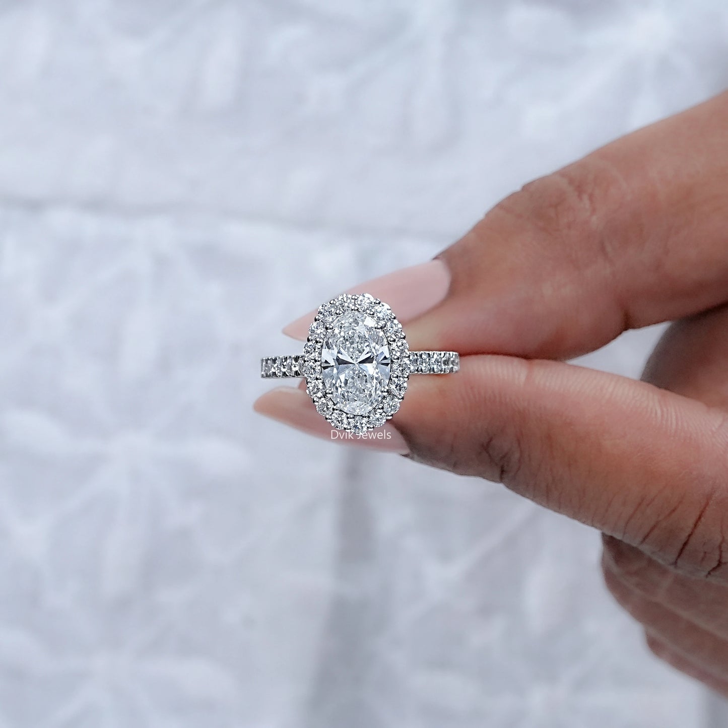 Oval Lab Diamond Halo With Accent Engagement Ring
