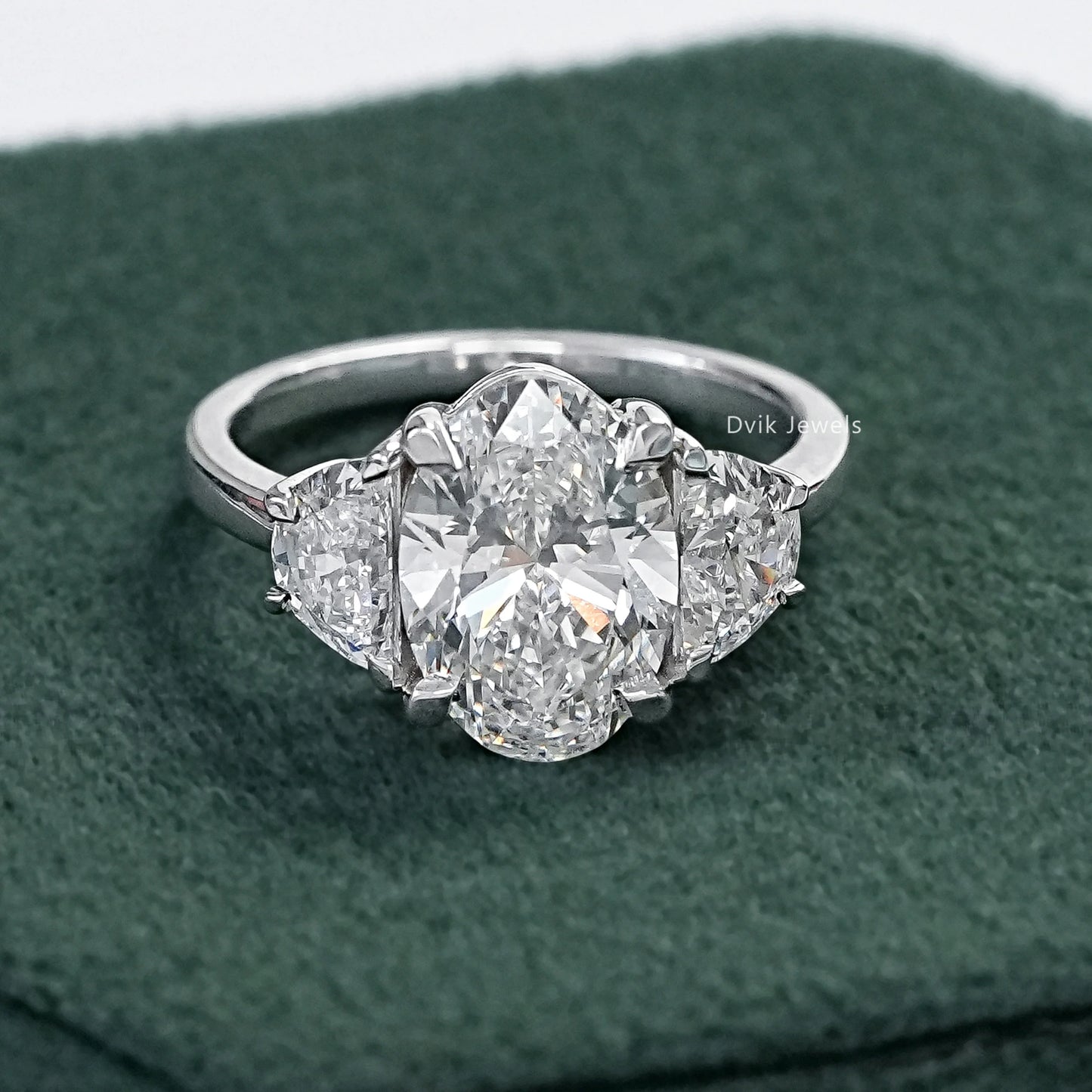3 CT Oval And Half Moon Lab Diamond Three Stone Ring