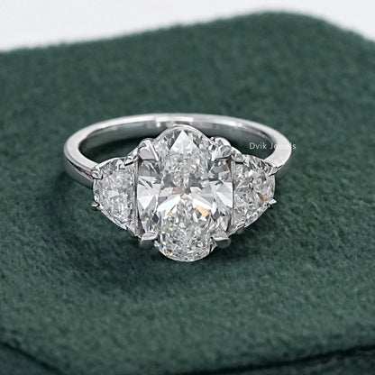 3 CT Oval And Half Moon Lab Diamond Three Stone Ring