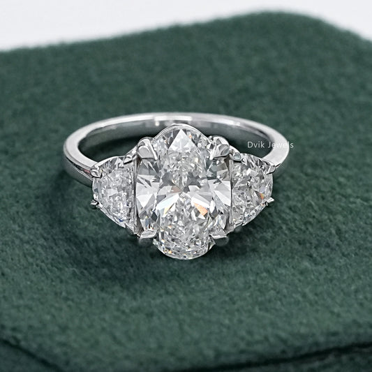3 CT Oval And Half Moon Lab Diamond Three Stone Ring