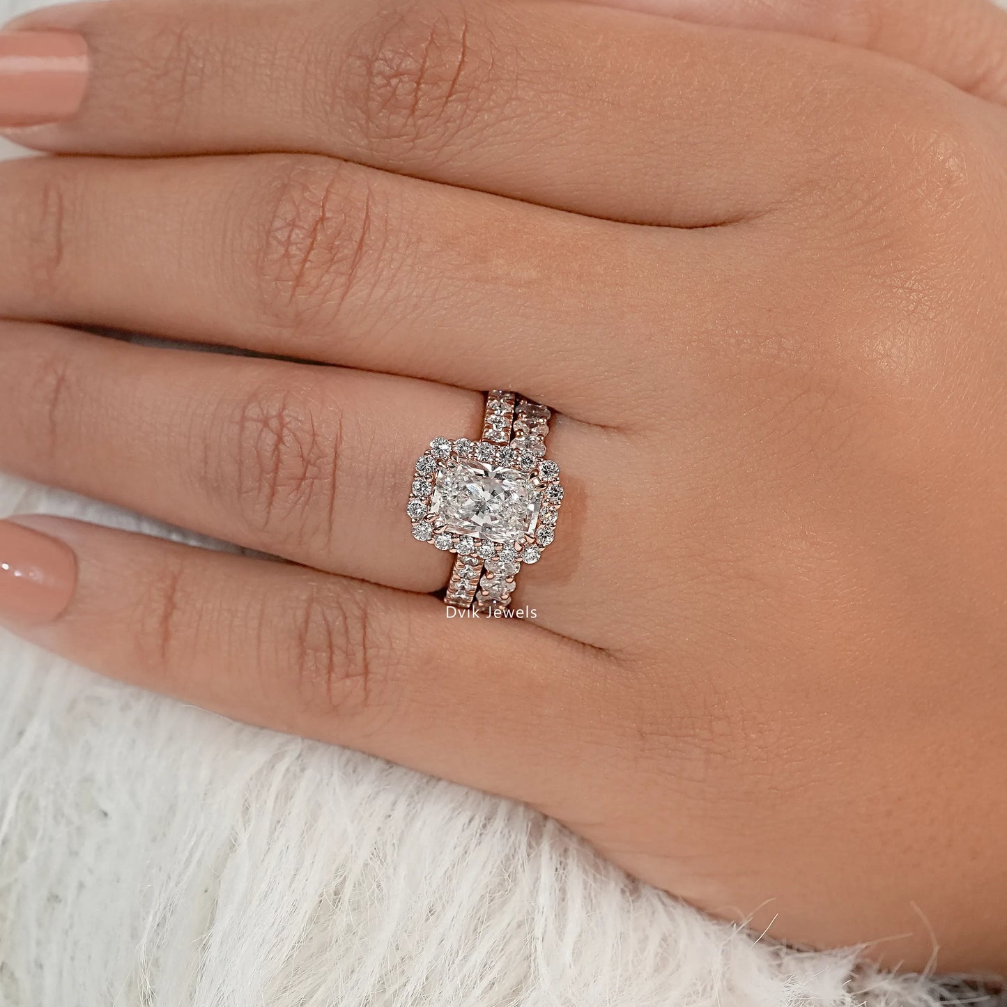 Radiant Cut Lab Diamond Halo Bridal Ring Set with Double Band Bridal Ring Set
