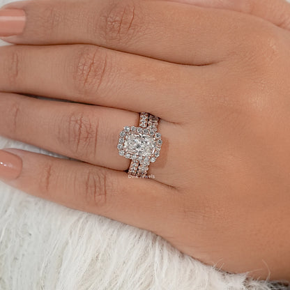 Radiant Cut Lab Diamond Halo Bridal Ring Set with Double Band Bridal Ring Set