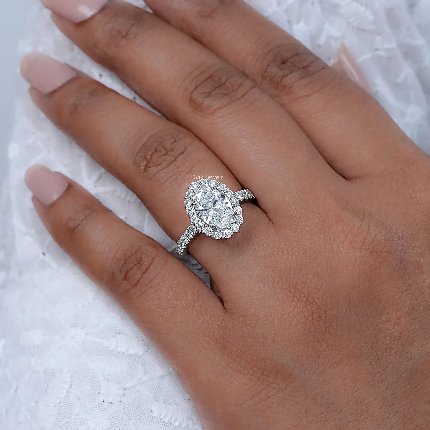 Oval Lab Diamond Halo With Accent Engagement Ring
