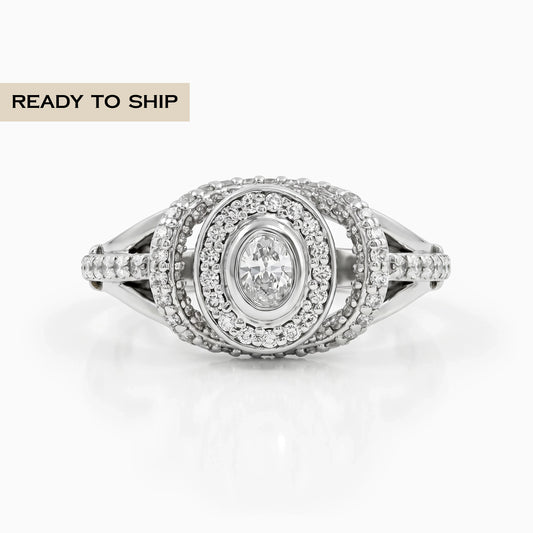 Oval Diamond Halo Split Shank Engagement Ring