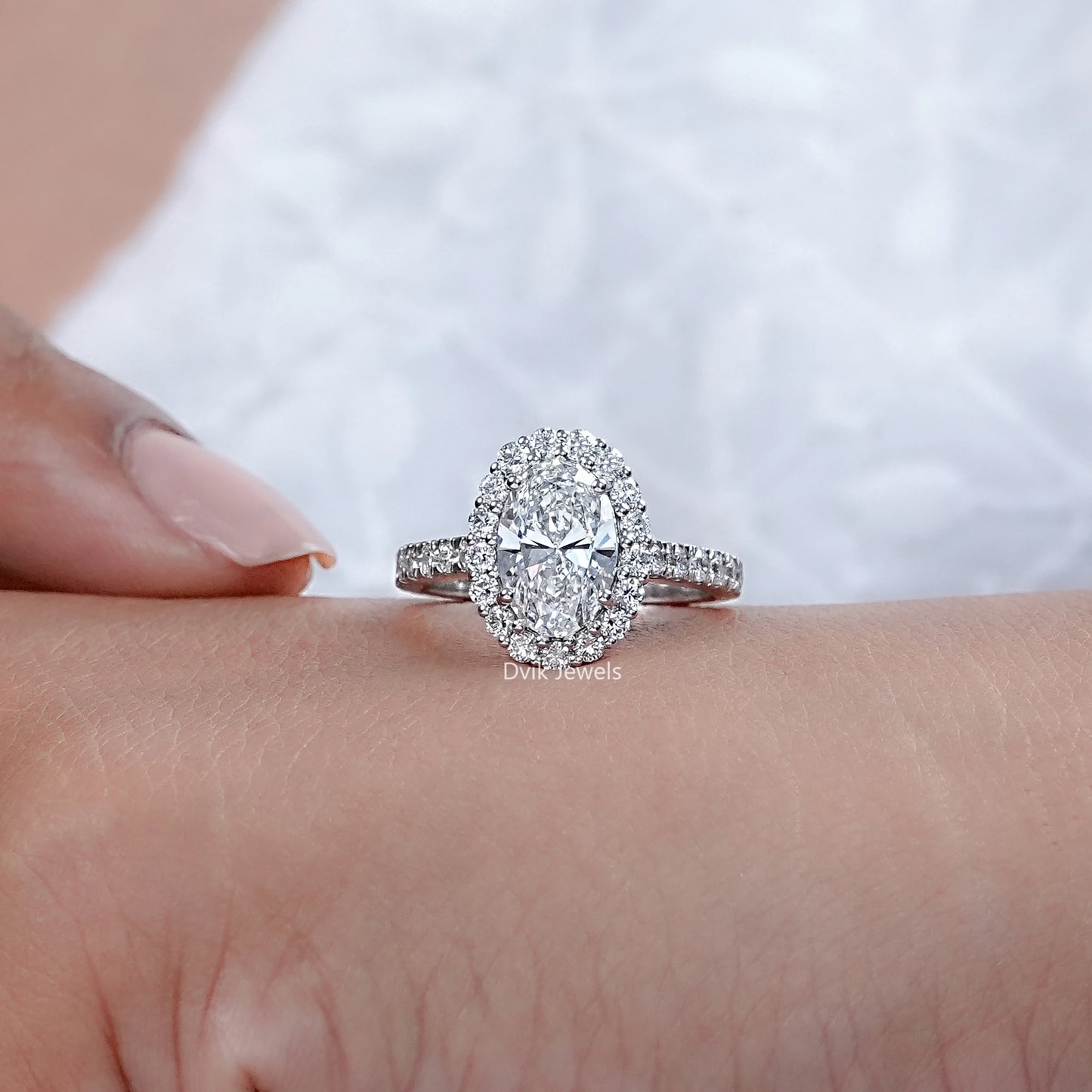 Oval Lab Diamond Halo With Accent Engagement Ring