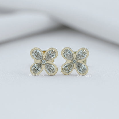 Bezel Set Pear Diamond Floral Stud Earrings