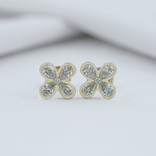 Bezel Set Pear Diamond Floral Stud Earrings