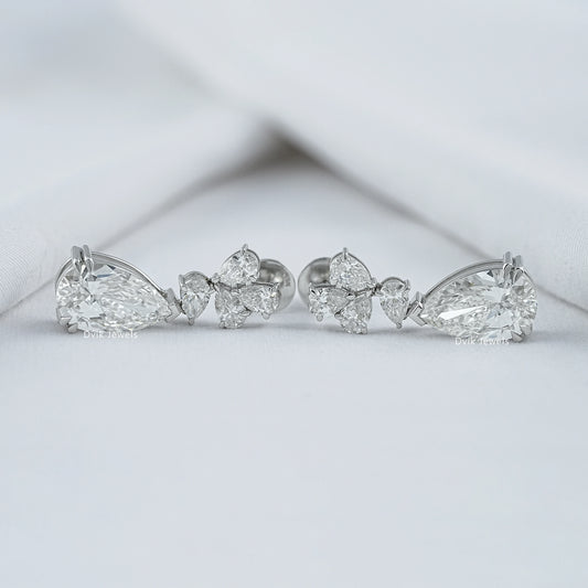Pear Cut Lab Grown Diamond Floral Drop Earrings by Dvik Jewels