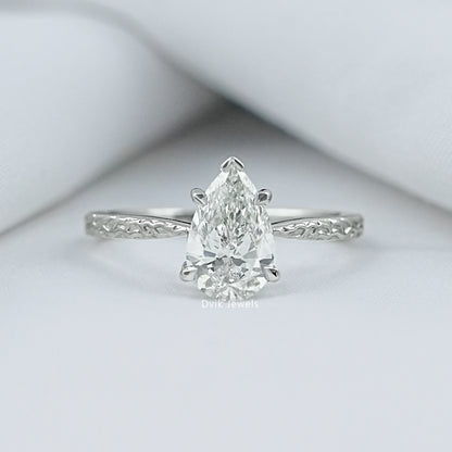 Pear Cut Lab Diamond Solitaire Ring With Engraved Band Ring