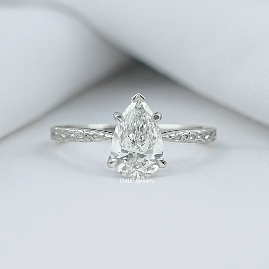 Pear Cut Lab Diamond Solitaire Ring With Engraved Band Ring