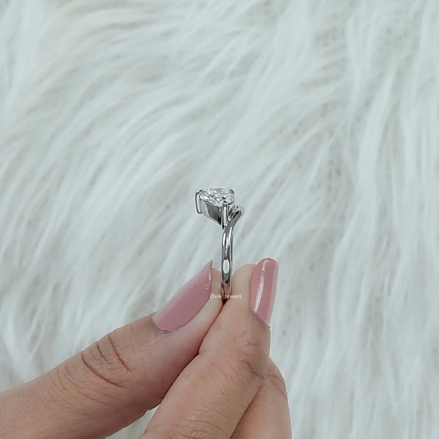 Pear Cut Lab Diamond Curved Solitaire Ring