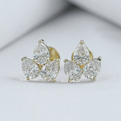 Pear Shaped Lab Diamond Three Stone Stud Earrings