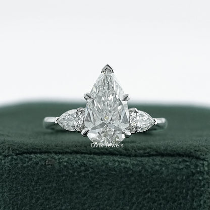 Three Stone Pear Cut Lab Diamond Engagement Ring Ring