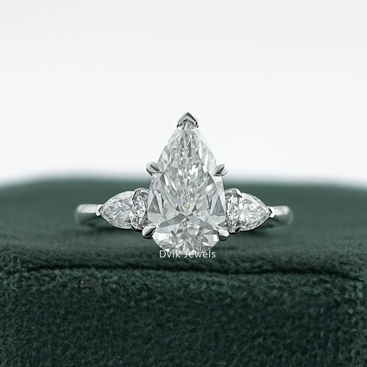 Three Stone Pear Cut Lab Diamond Engagement Ring Ring