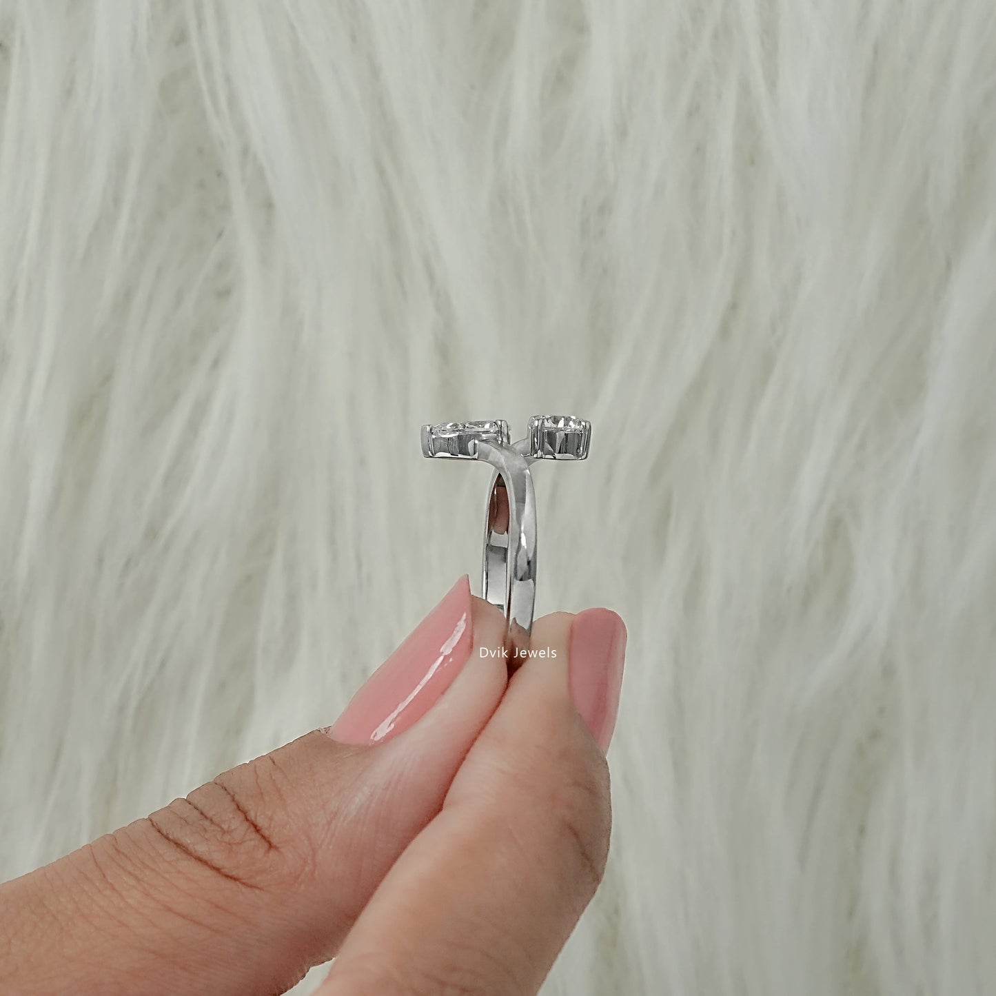 Side view lab diamond twin shape bypass ring for gently curved band view