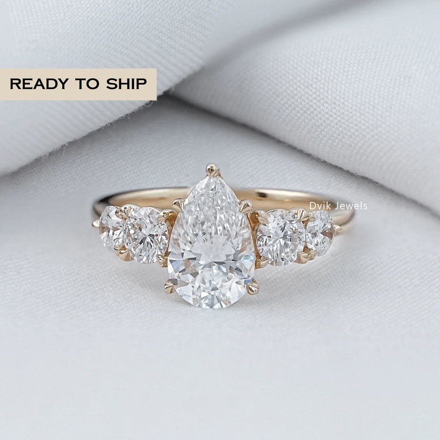 Pear Cut Lab Diamond Five Stone Engagement Ring