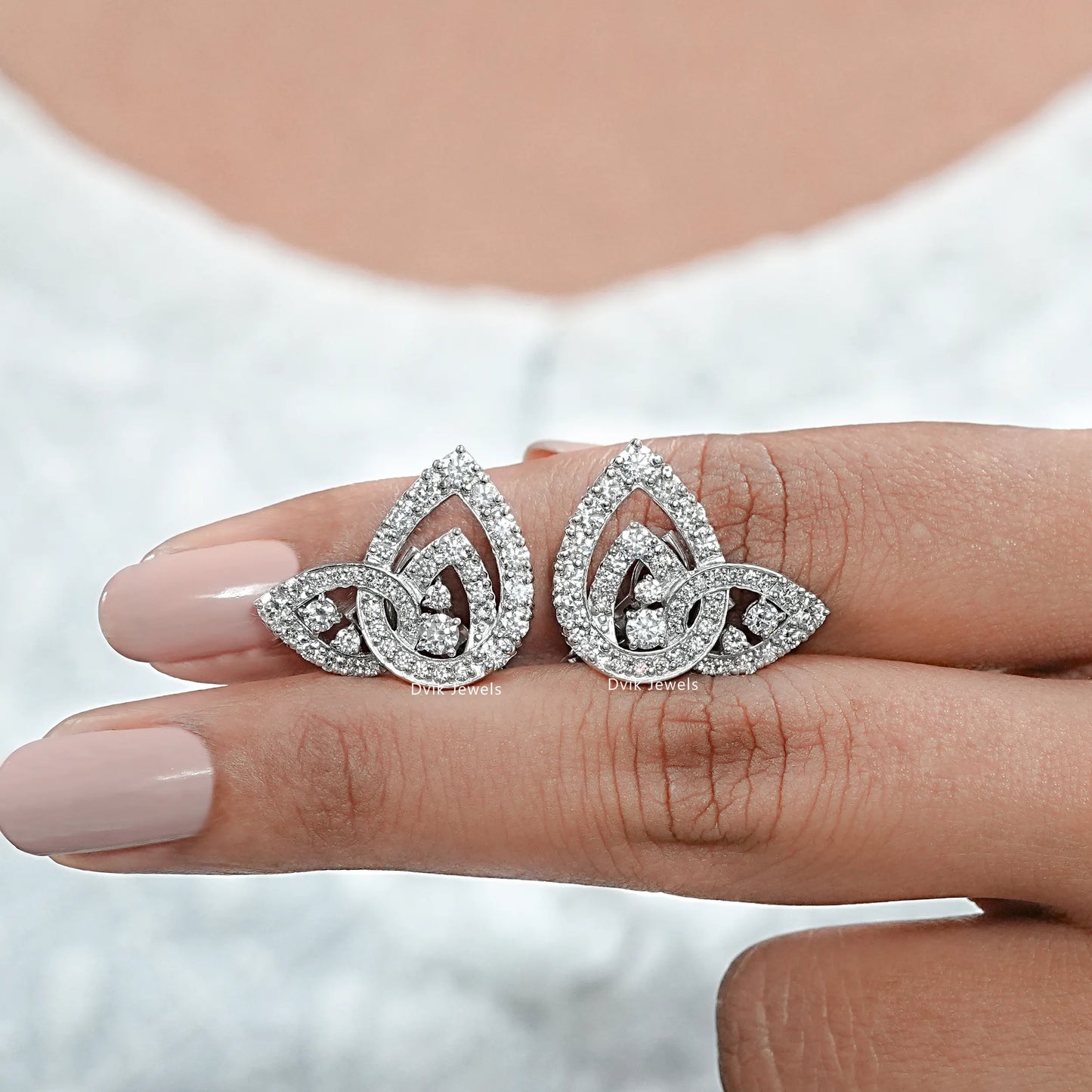 Open Pear Shape Round Diamond Cluster Set Earrings