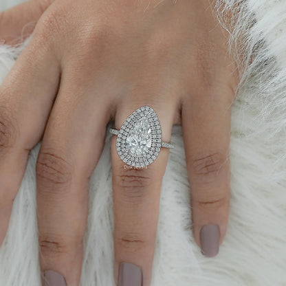 Pear Cut Lab Diamond Double Halo Engagement Ring