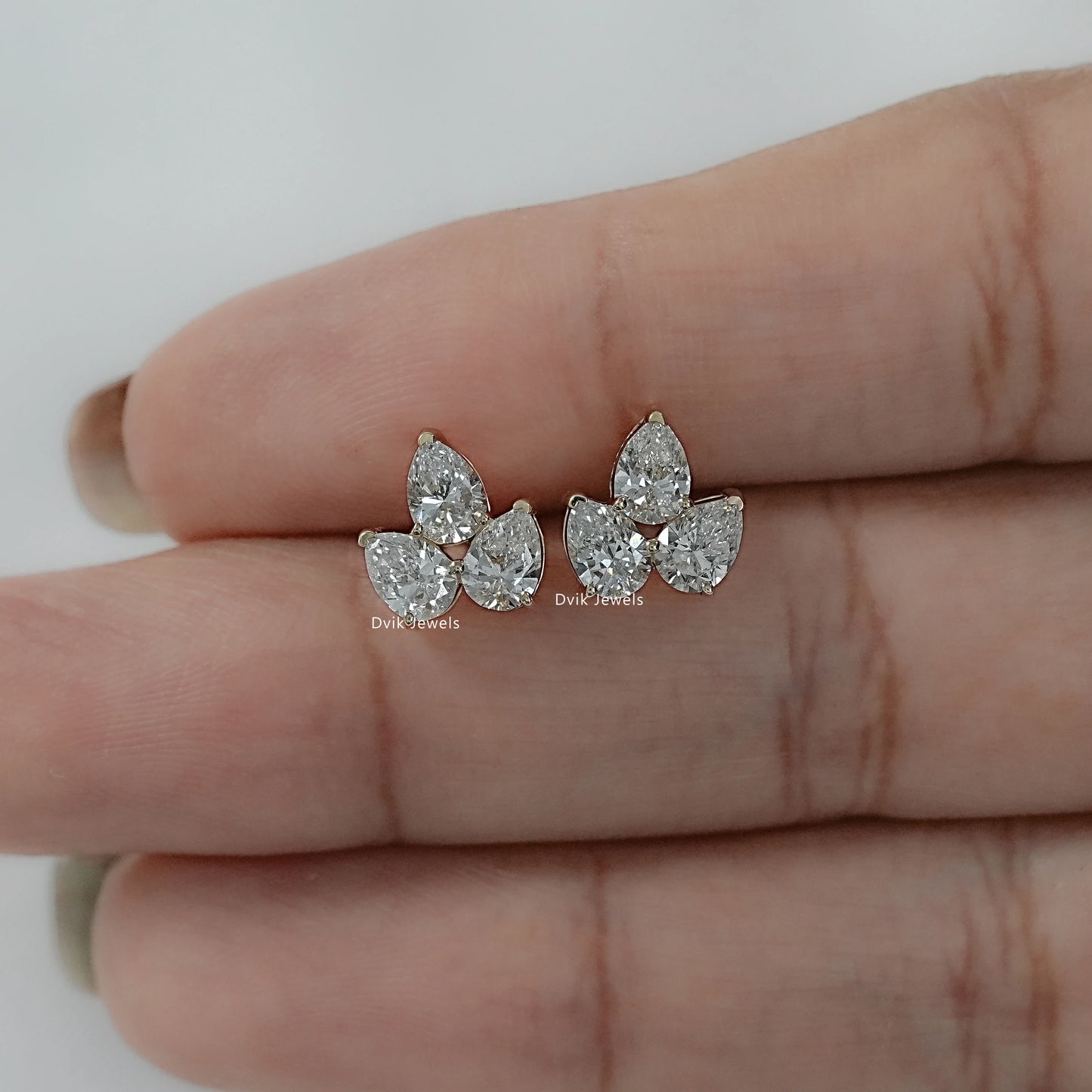 Pear Shaped Lab Diamond Three Stone Stud Earrings
