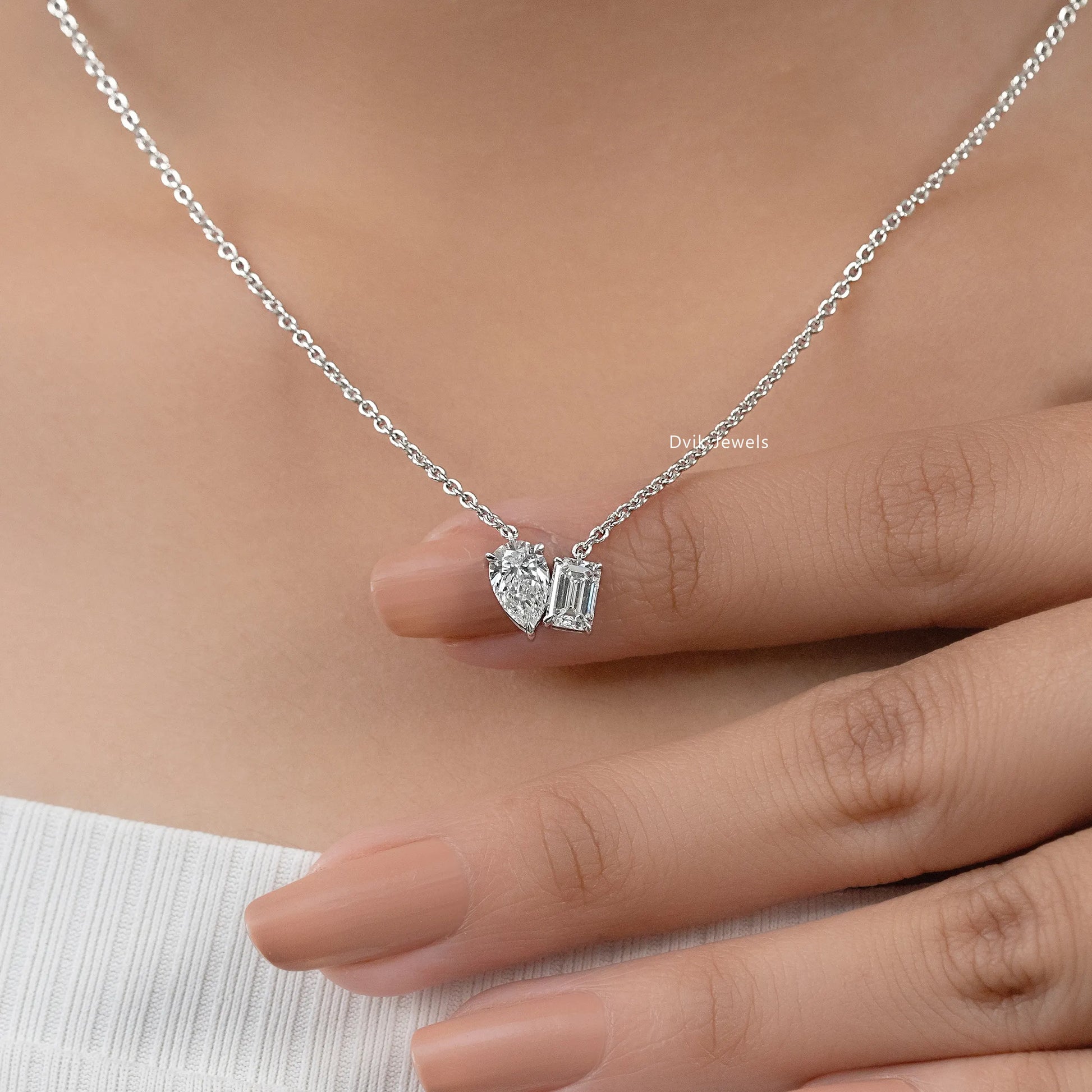 Pear and Emerald Cut Lab Diamond Dual Stone Pendant Pendant