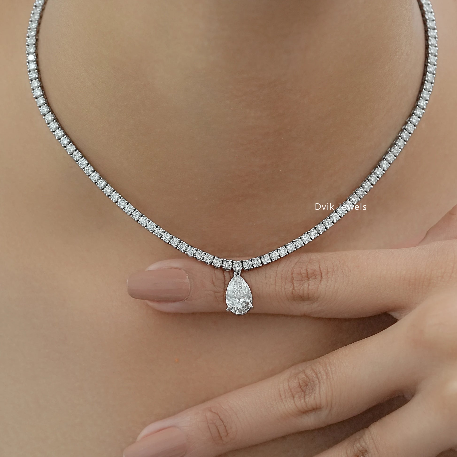 Pear and Round Cut Lab Diamond Tennis Necklace Necklace