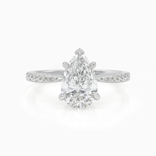 Pear Cut Lab Diamond Solitaire Ring With Engraved Band Ring