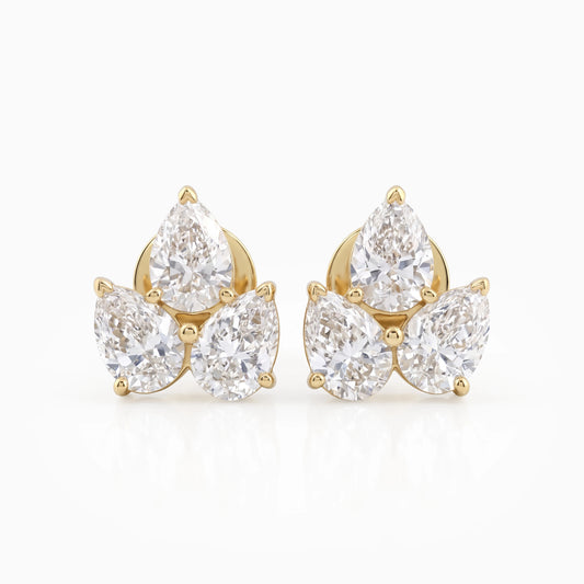 Pear Shaped Lab Diamond Three Stone Stud Earrings