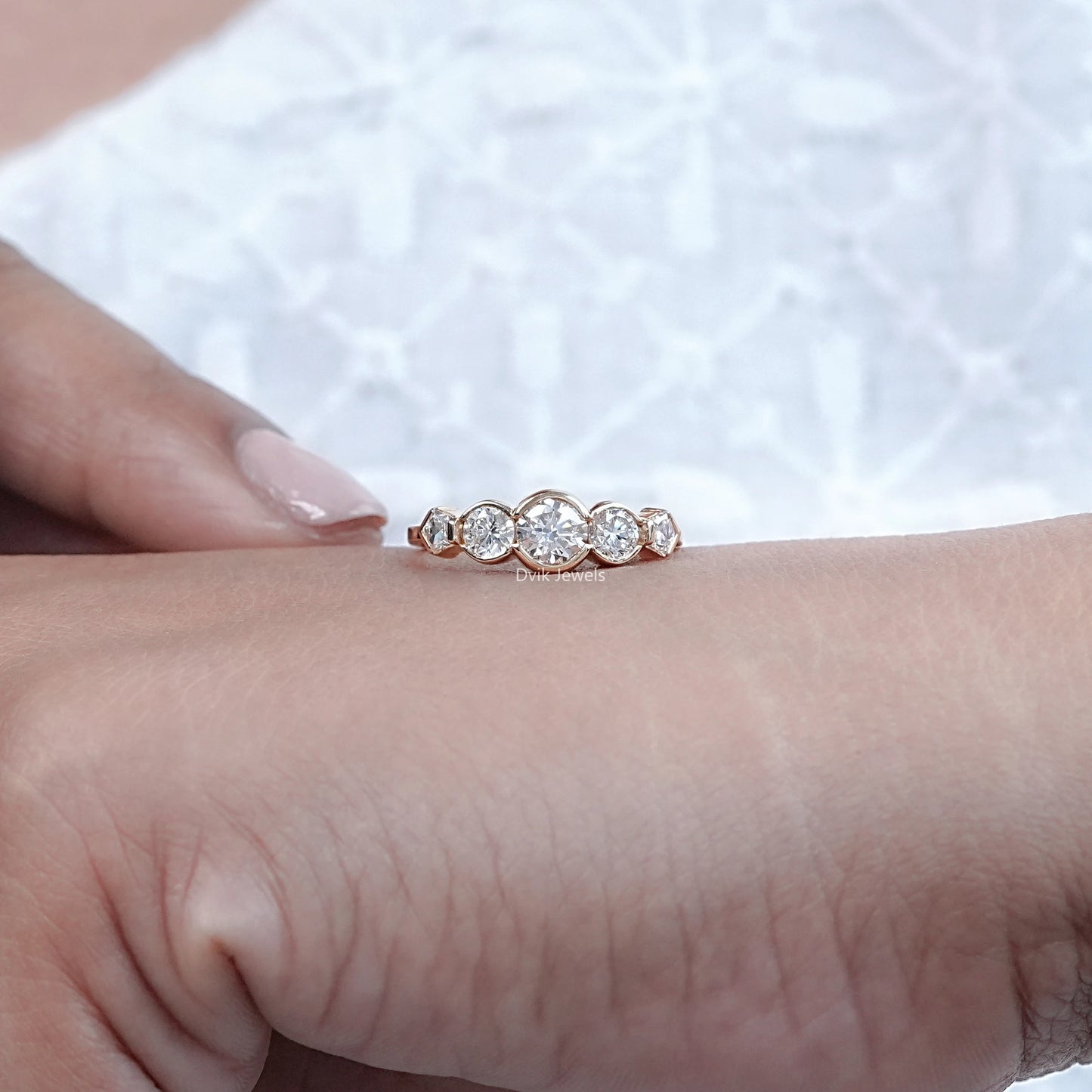 Round And Pentagon Diamond Bezel Set Five Stone Ring