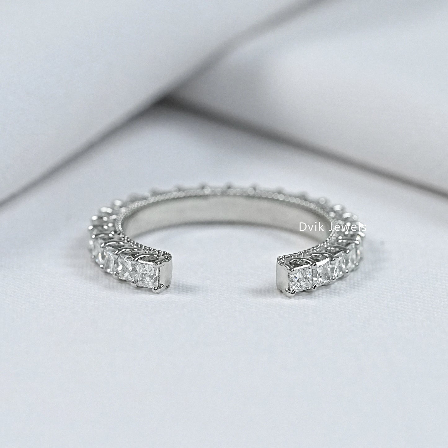 Princess cut lab diamond open cuff wedding band in white gold by Dvik Jewels