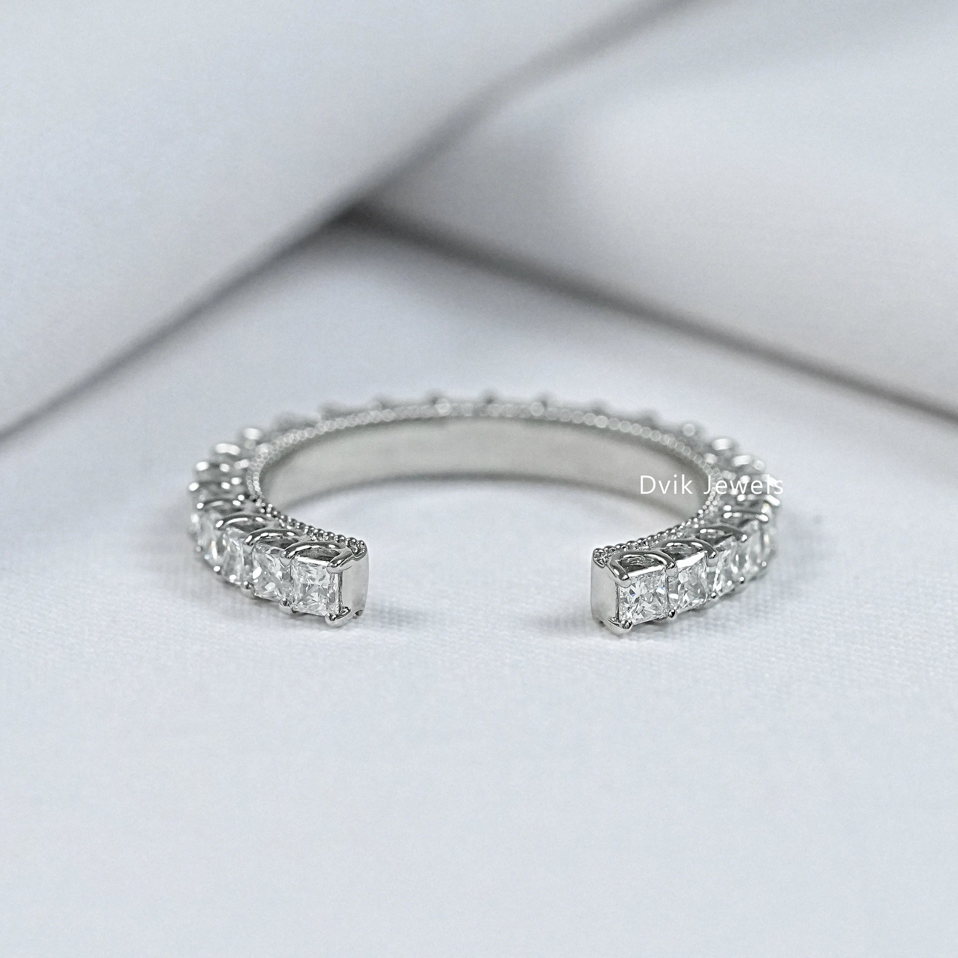 Princess cut lab diamond open cuff wedding band in white gold by Dvik Jewels