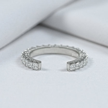 Princess cut lab diamond open cuff wedding band in white gold by Dvik Jewels